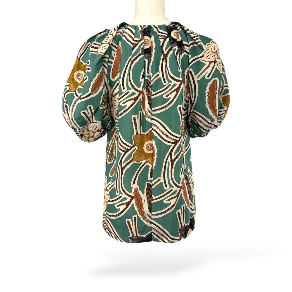 Ulla Johnson Jamilah Puff Short Sleeve‎ Silk Blouse Topaz-Navy-Tan Sz 2  EUC